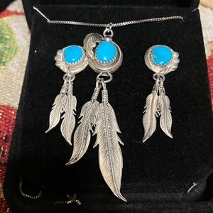 925 sterling silver turquoise, feather earrings, and matching pendant